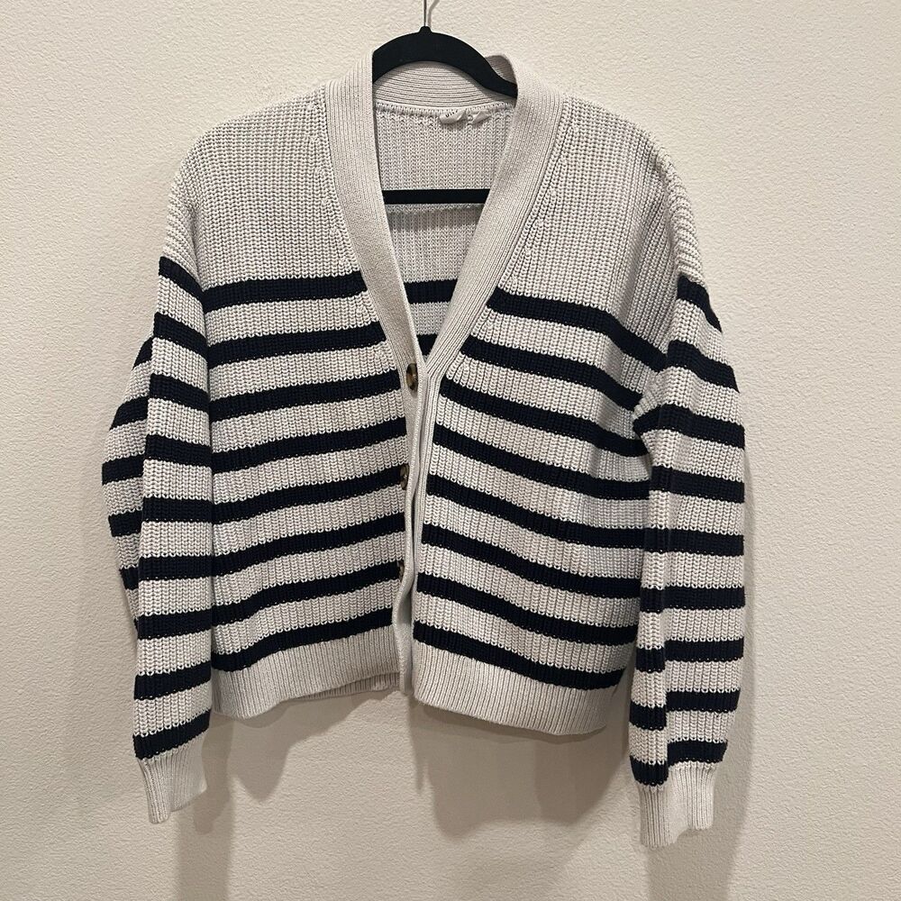 Gap Classic Cotton Ribbed Knit Shaker Stitch Cardigan Striped Sz XL Preppy Coast